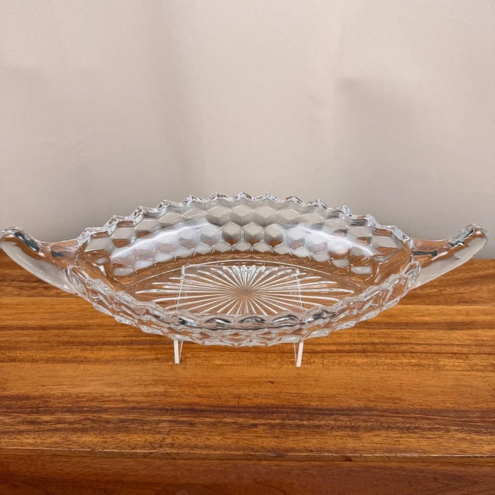 Fostoria American Clear Glass Oval Bowl Double Handled Relish Dish Sawtooth Rim